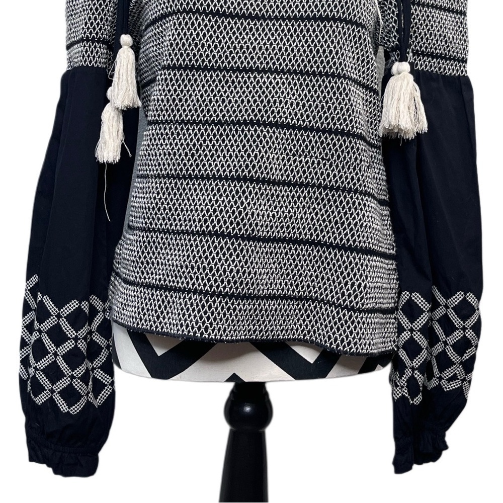 NWT INC Boho Sz XL Embroidered Puff-Sleeve Tassel Off Shoulder Smocked Blouse - Picture 4 of 14